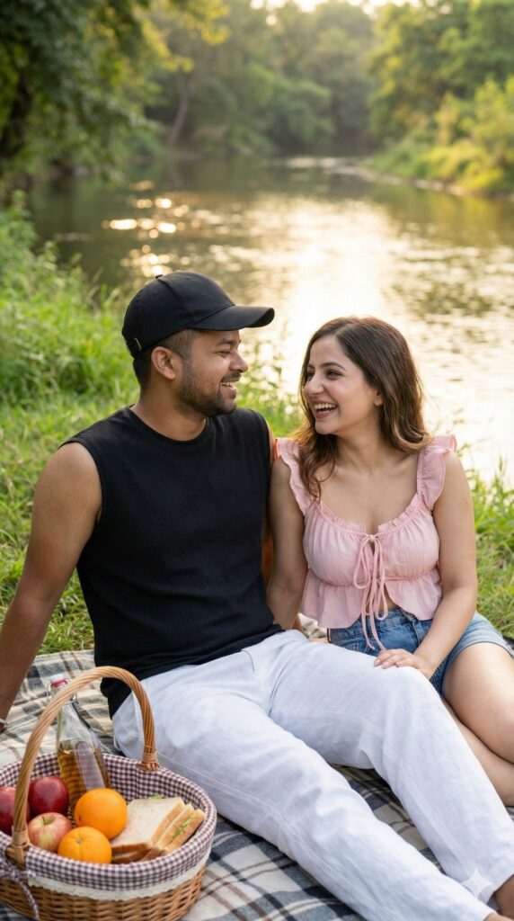 Realistic couple picnic photo